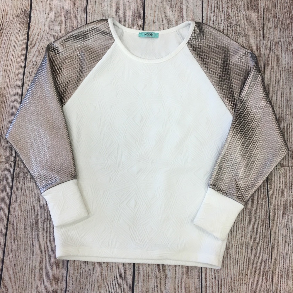 😍Karlie Cream Bronze Textured Long Sleeve Top Crew Neck size Small